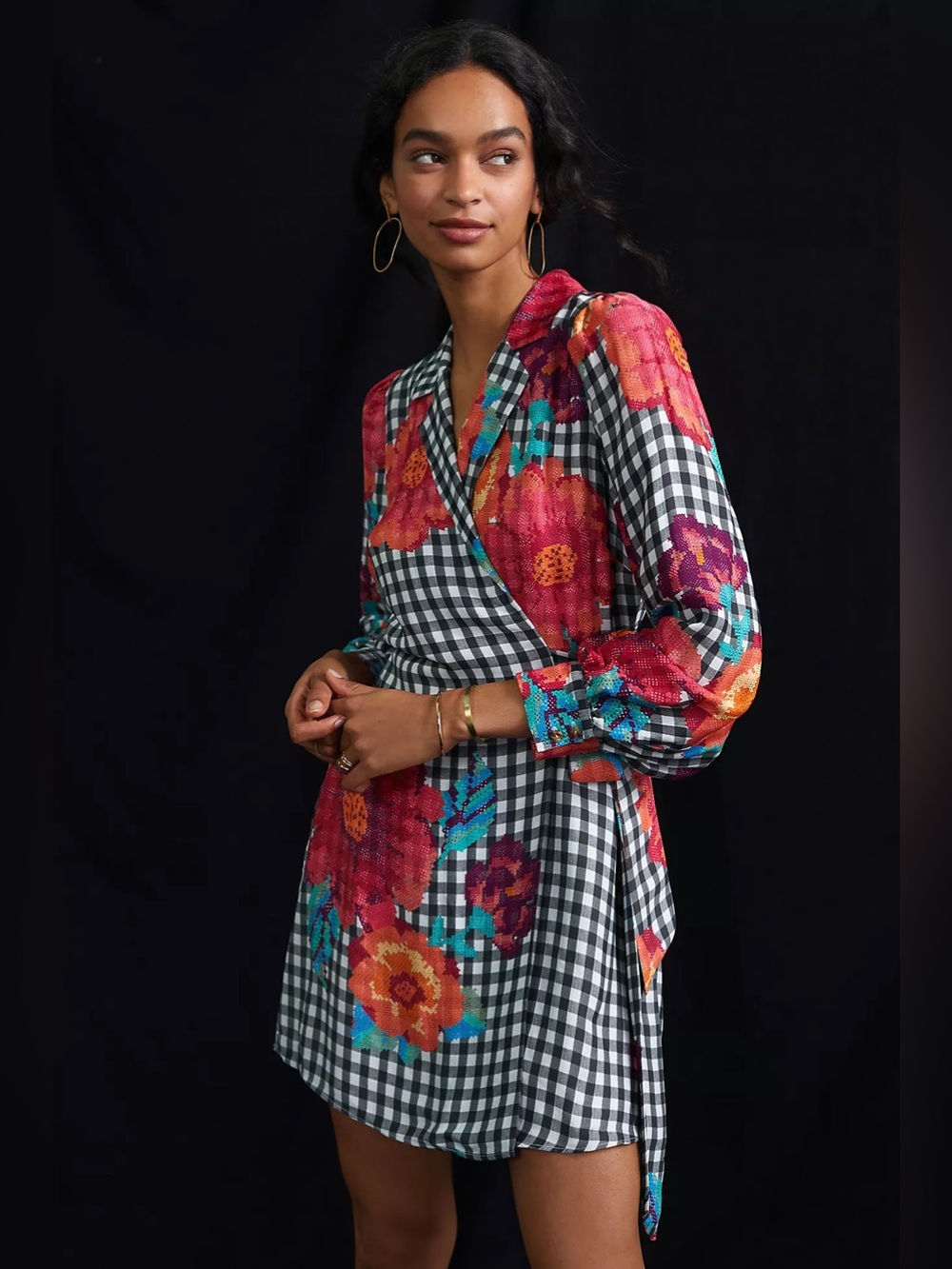 FARM Rio Gingham Floral Mini Wrap Dress
